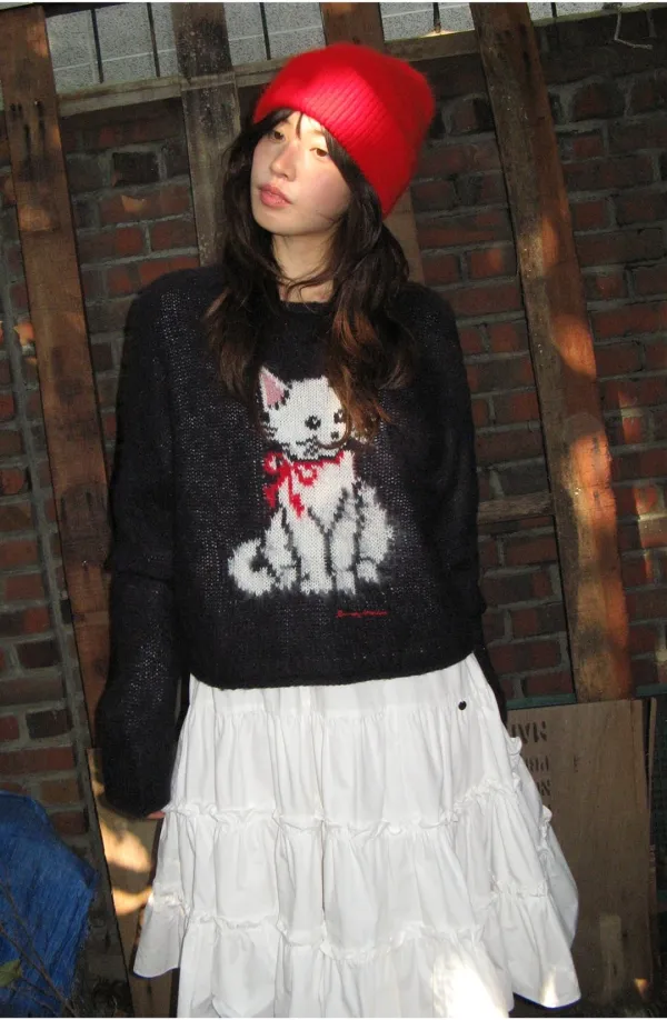 BELL SLEEVE HAIRY CAT KNIT NAVY