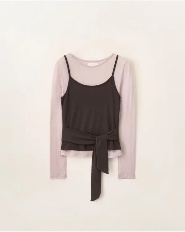 Front tie layered t-shirt set_Brown/Pink