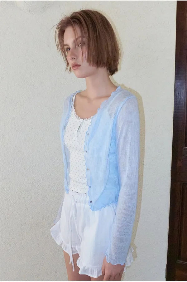 Sheer Frill Cardigan, Light Blue