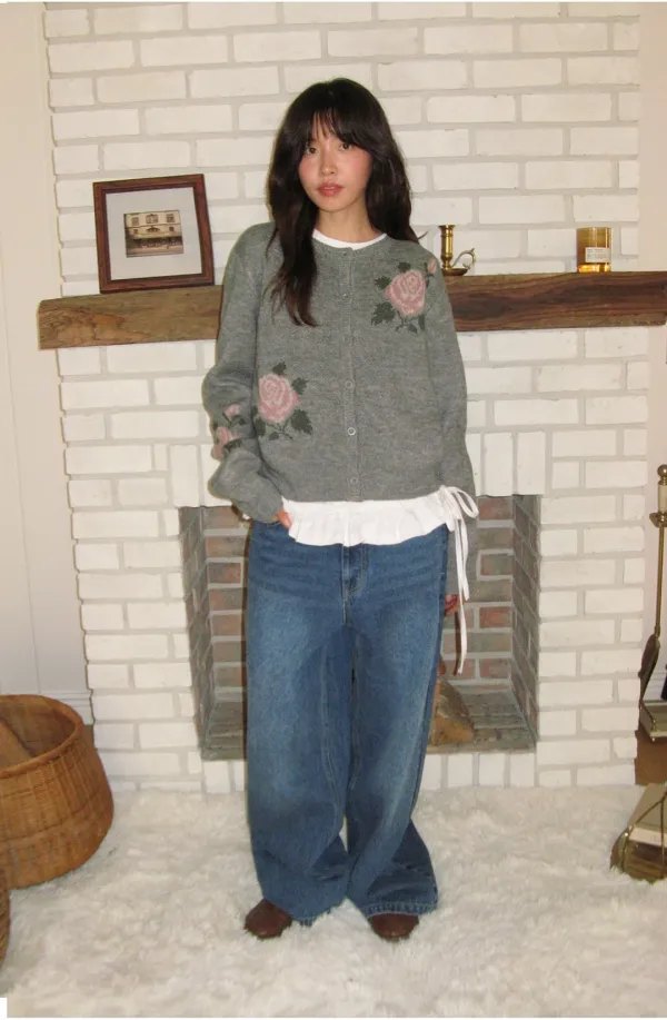 [11/12 순차배송] VINTAGE ROSE JACQUARD CARDIGAN GREY