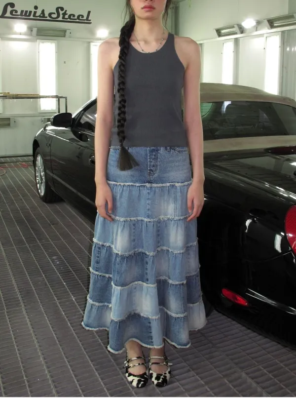 WASHED DENIM CANCAN LONG SKIRT_BLUE