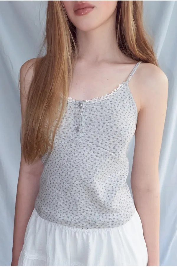 Flower Button Sleeveless Top, Melange Grey