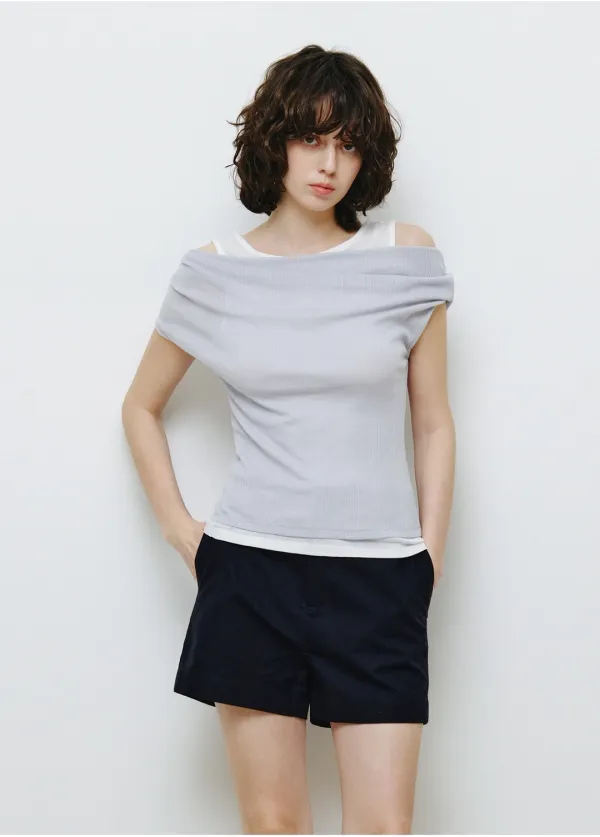 더블 레이어드 원숄더 티셔츠 스카이블루 MDTS093SKYBLUE