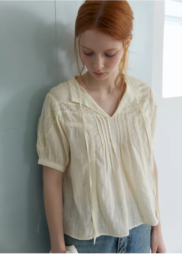 Lace-tuck puff blouse [KNSS09BL14]_Cream