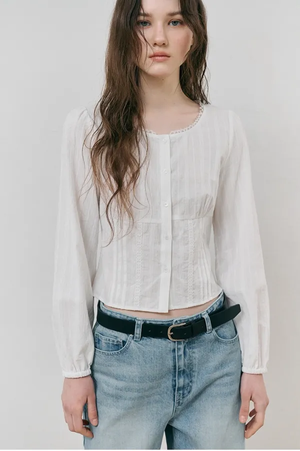 Lace Pintuck Shirring Blouse, White