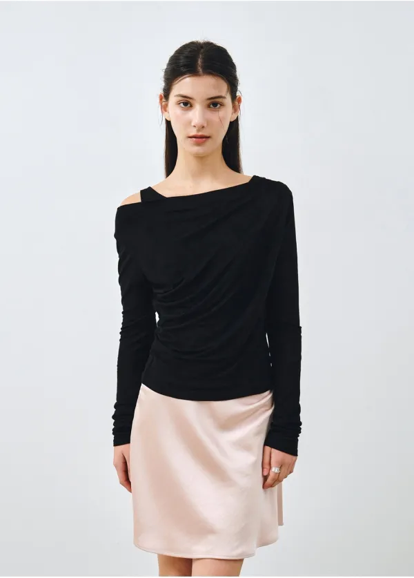 [SET] 원숄더 드레이핑 레이어드 티셔츠 블랙 MDTS088BLACK