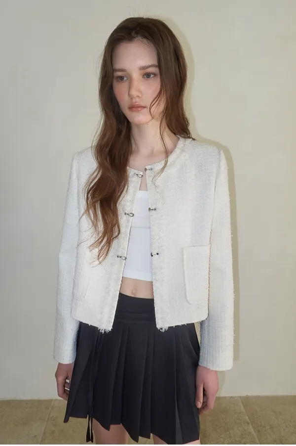 Buckle Fringe Tweed Jacket, Ivory
