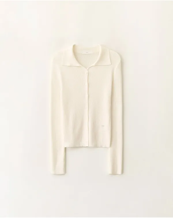 Collar ribbed slim-fit knit cardigan_Ivory