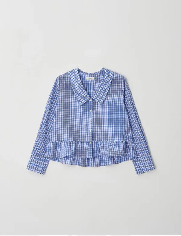 Wide Collar Check Blouse(Blue)