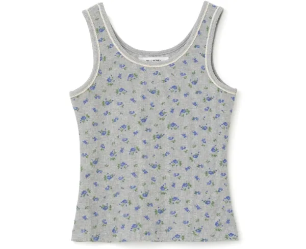 Floral Waffle Sleeveless Top [Melange Gray]
