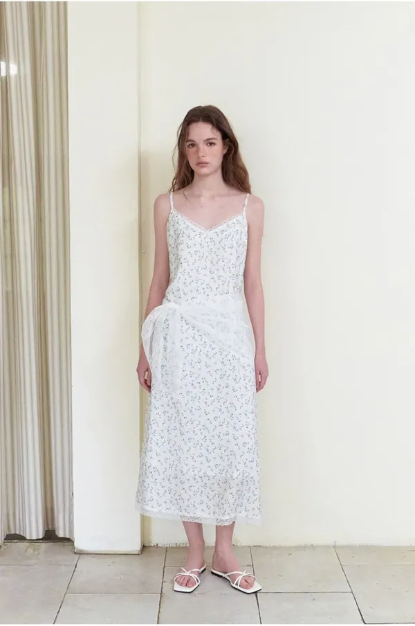 Slip Scarf-Tie Floral Dress, Blue