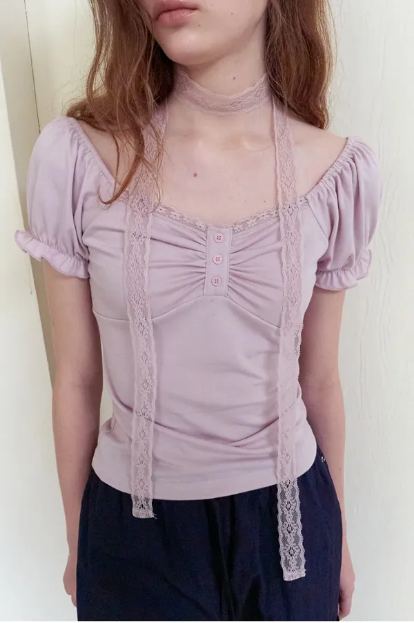 Lace Scarf Puff T-Shirt, Lavender Pink