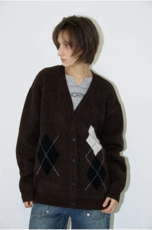 Brushed Argyle Cardigan [Brown]