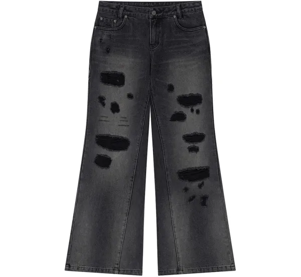 Distressed Bootcut Denim Pants [ Black ]