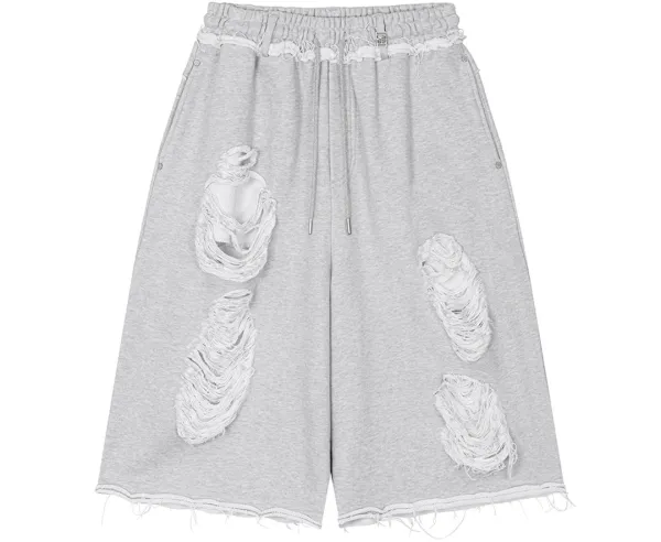 Scratch Damage Bermuda Sweat Pants [ Melange Gray ]