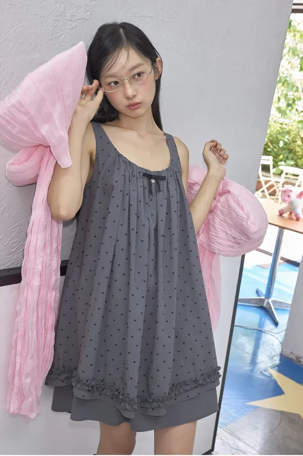 SHIRRING FRILL SLEEVELESS DRESS HEART CHARCOAL
