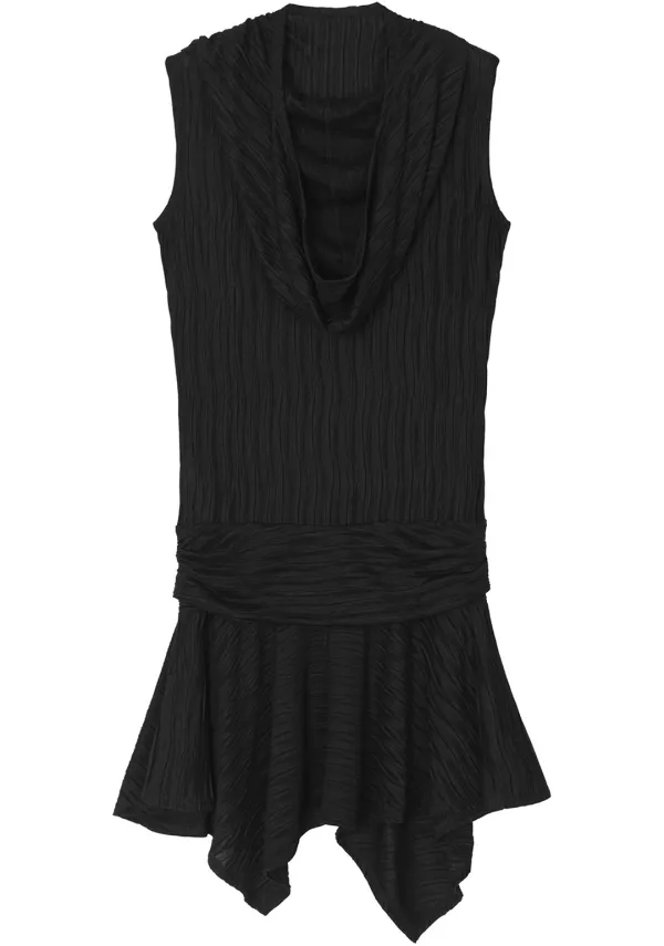 Crinkle Draped Hooded Sleeveless Dress [ Black ]