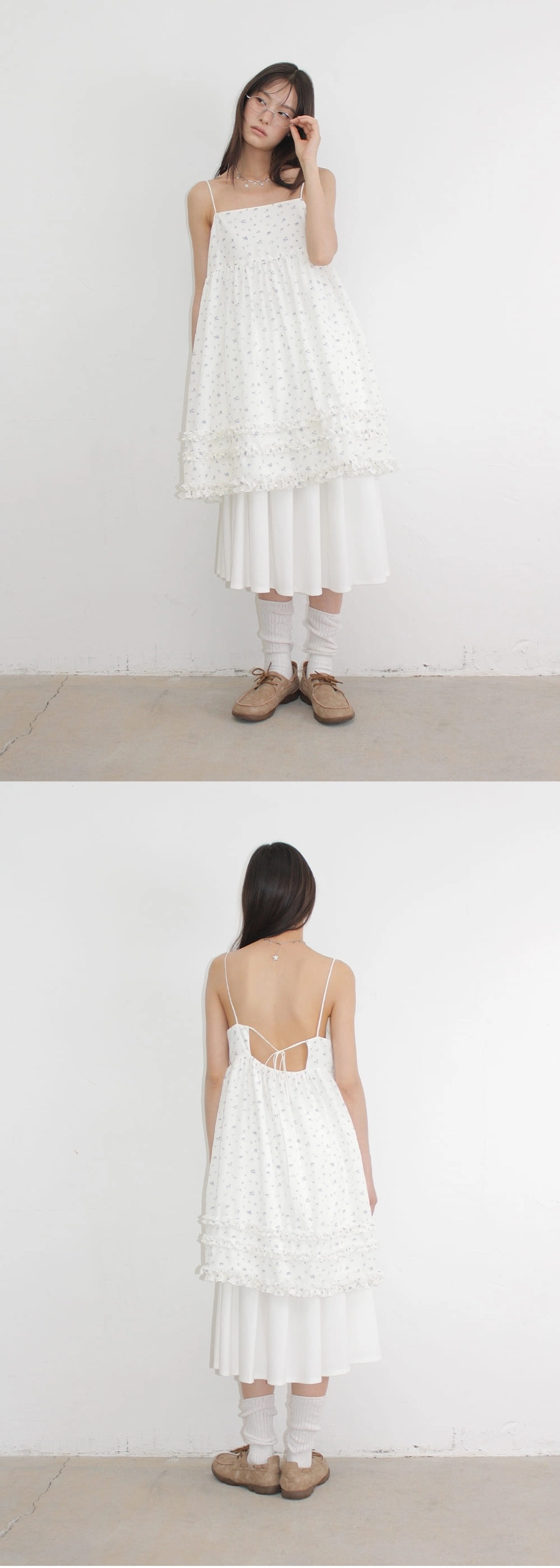 론론 FLORAL FRILL A LINE SLEEVELESS DRESS WHITE 상품 이미지 2