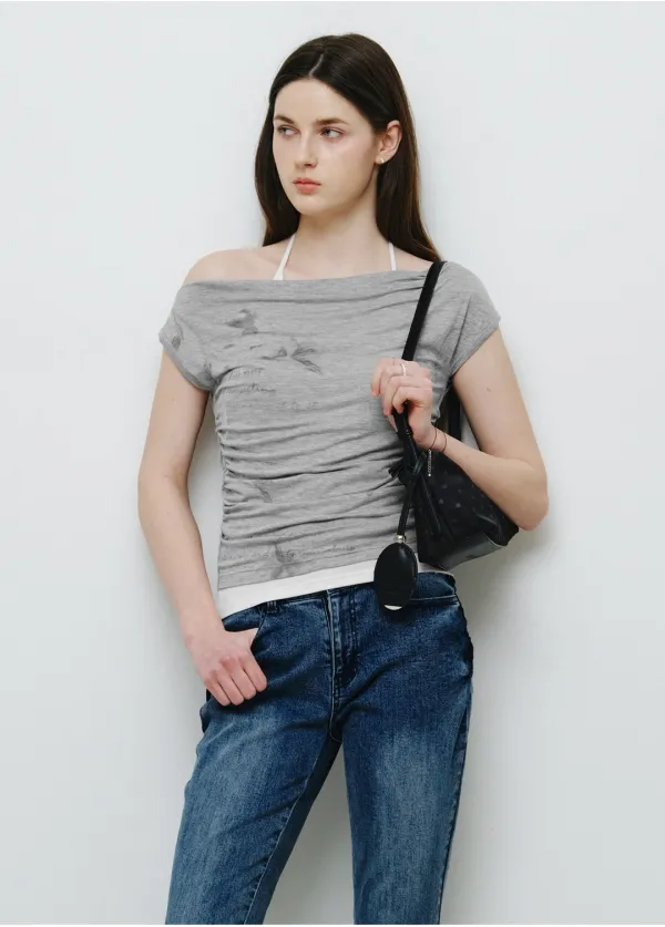플라워 그래픽 원숄더 티셔츠 그레이 MDTS089GRAY