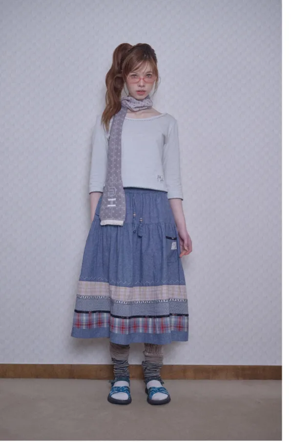 Vintage pattern midi skirt (Blue Denim)