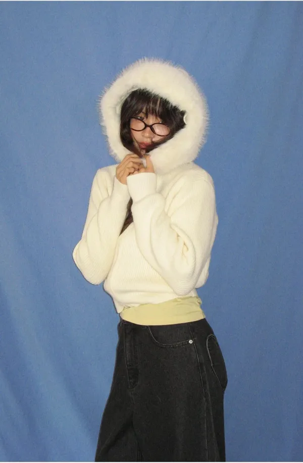 [10/29 순차배송] FUR TRIM HOODED KNIT ZIP UP IVORY