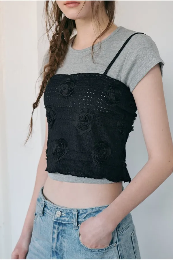 Flower String Sleeveless Blouse, Black