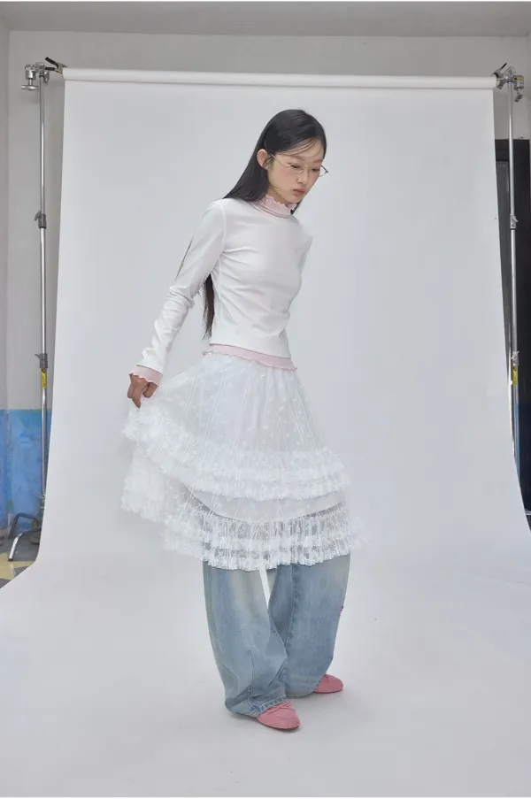 SHEER RIBBON PATTERN RUFFLE MIDI SKIRT WHITE