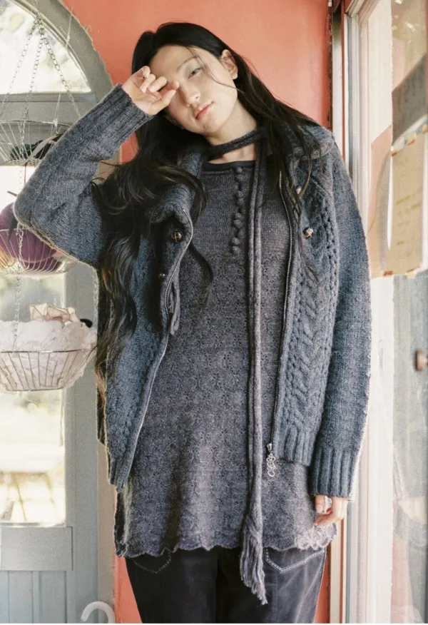Pointelle reversible knit dress (Charcoal)
