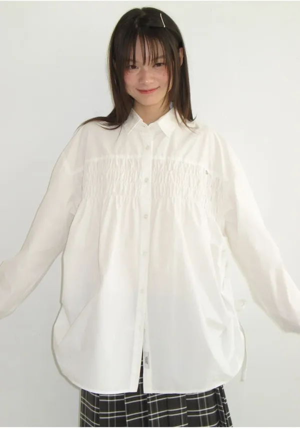SMOCKED SHIRRING STRING HEM SHIRT WHITE