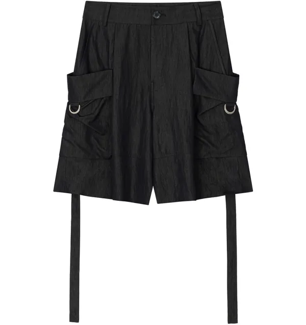 Side Strap Roll-Up Cargo Shorts [ Black ]