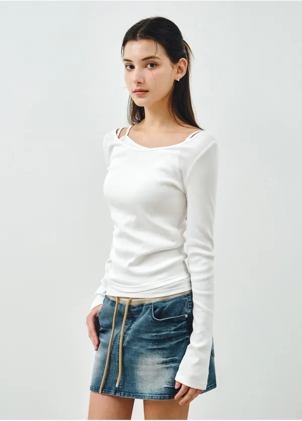 [SET] 보트넥 레이어드 골지 티셔츠 화이트 MDTS087WHITE