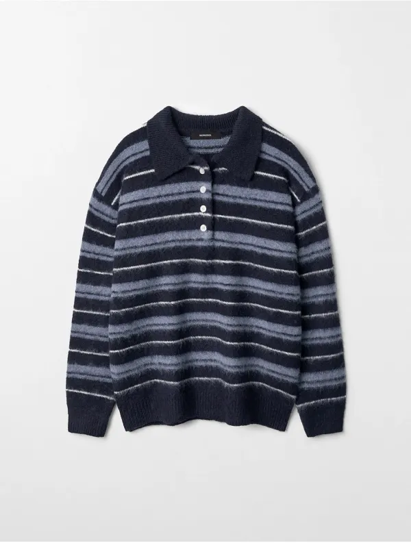 [10/21 예약배송] 스트라이프 오버핏 카라 니트 탑 네이비 MDKT139NAVY