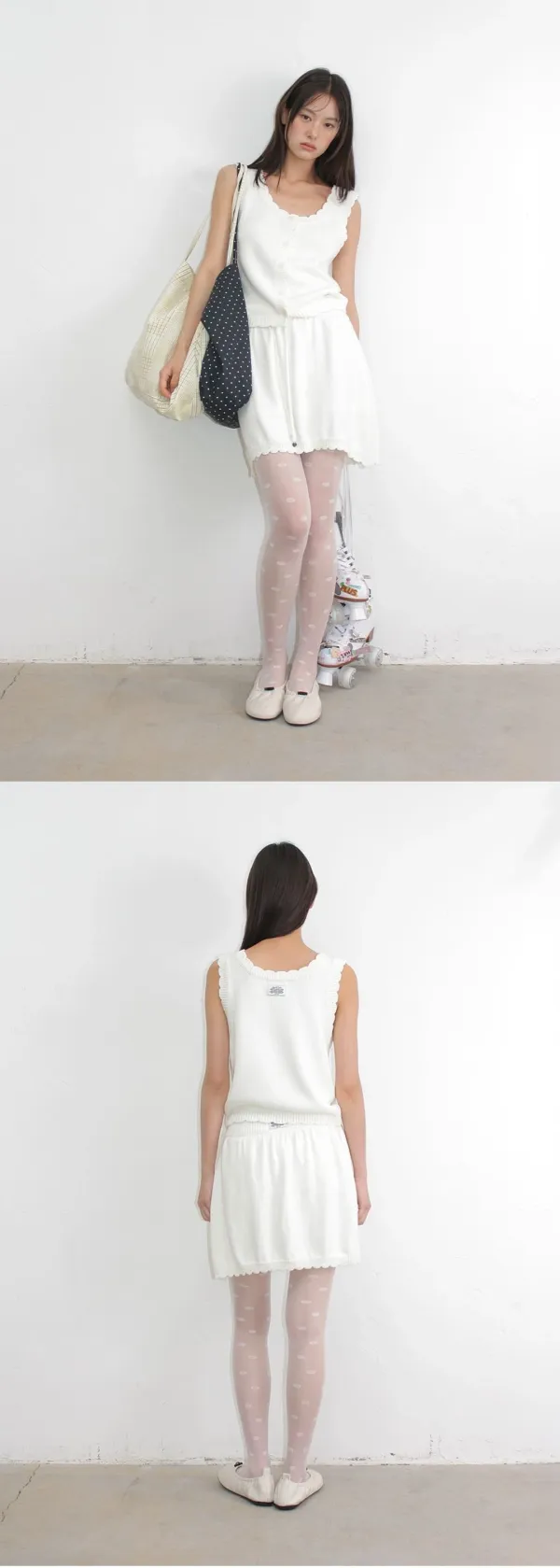 SCALLOP TRIM KNIT SLEEVELESS CARDIGAN IVORY