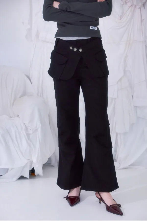 Skirt Layered Bootcut Pants [Black]