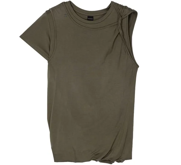 Double-Layer Asymmetric Shoulder T-Shirt [ Khaki ]