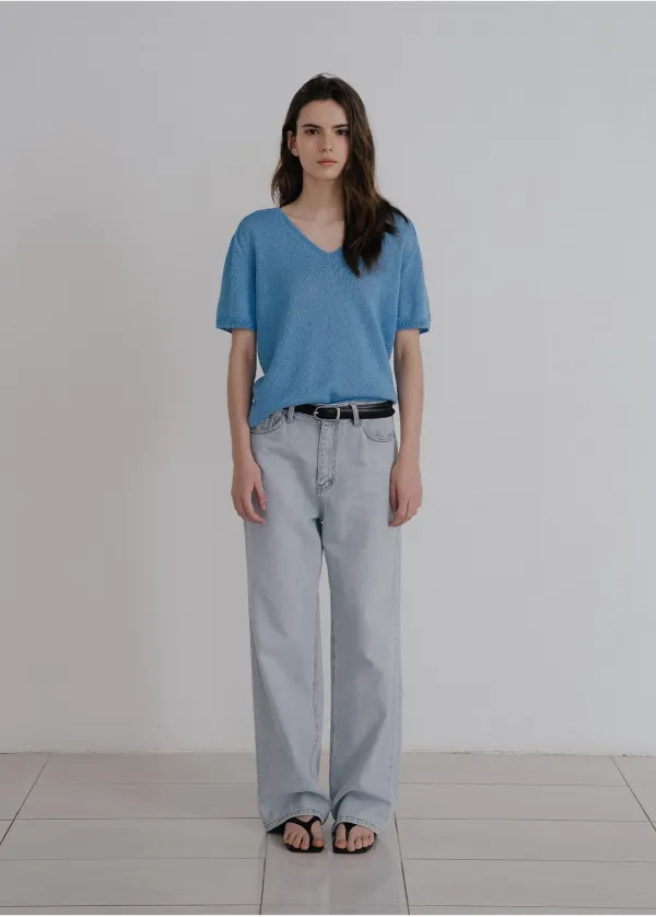 V-neck half paper knit [KNSS10KN06]_Blue