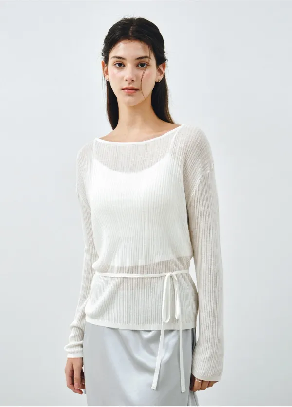 시스루 레이스업 니트 블라우스 화이트 MDBL009WHITE