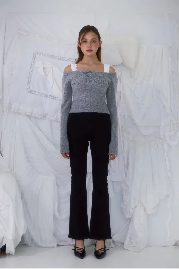 Twist Off Shoulder Long Sleeve [Gray]