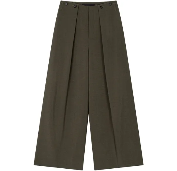 Minimal Button-Detail Set-Up Wide Pants [ Khaki ]