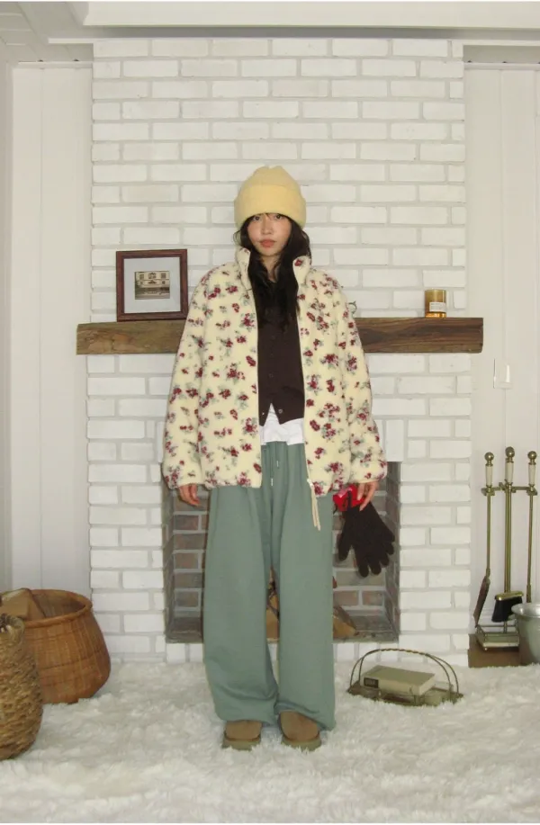 PATTERN FLEECE ZIP UP JUMPER CREAM FLOWER