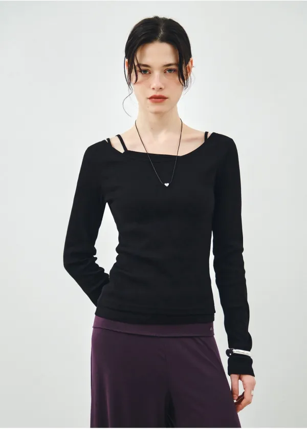 [SET] 보트넥 레이어드 골지 티셔츠 블랙 MDTS087BLACK