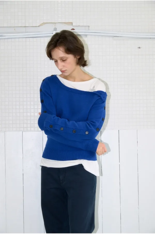 Boat Neck Button Knit [Blue]