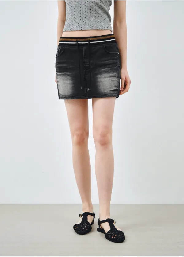 립 밴딩 워싱 데님 미니 스커트 블랙 MDSK037BLACK
