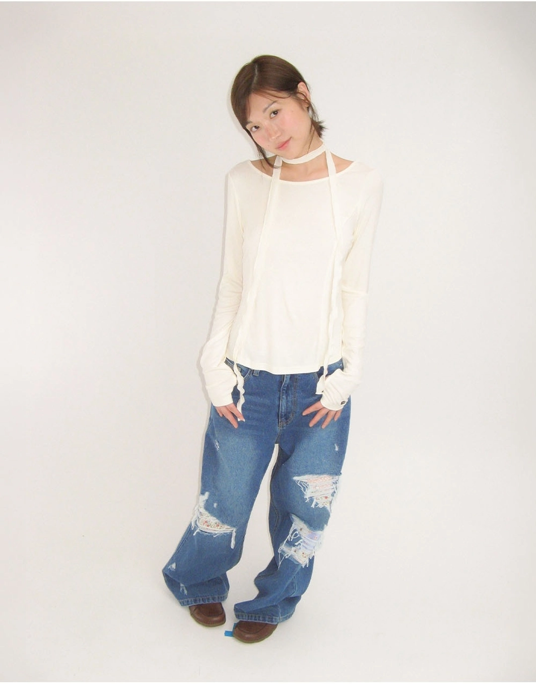 론론 PETIT SCARF SET BOAT NECK LONG SLEEVE CREAM 상품 이미지 2