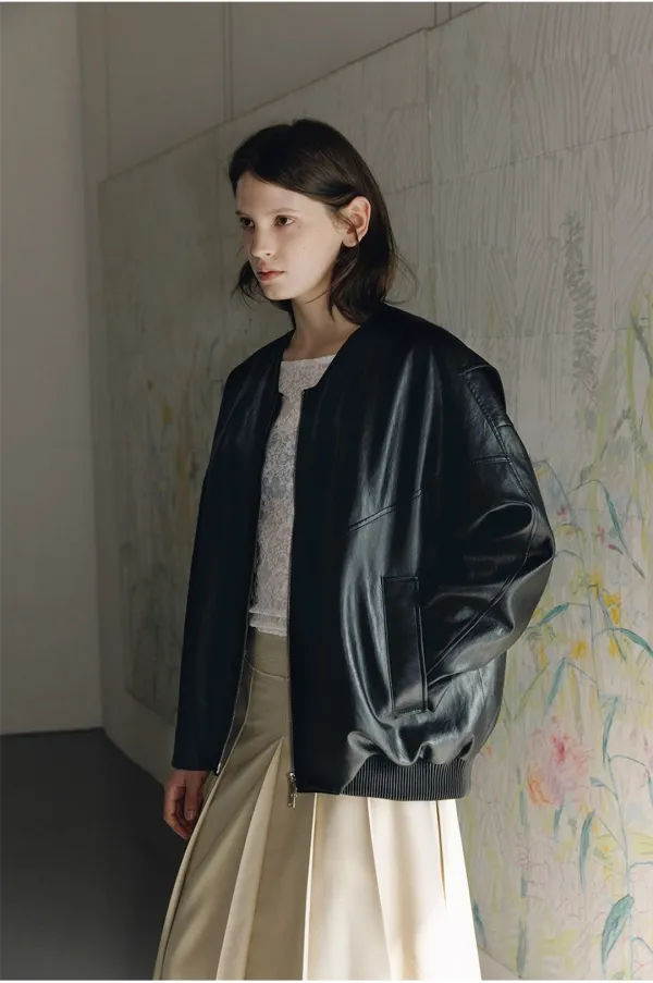 V-neck Faux Leather Blouson Jacket SL6SM604-10