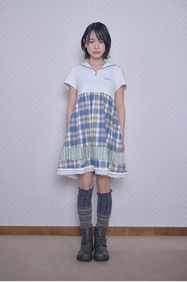Sailor collar check dress (Ivory)