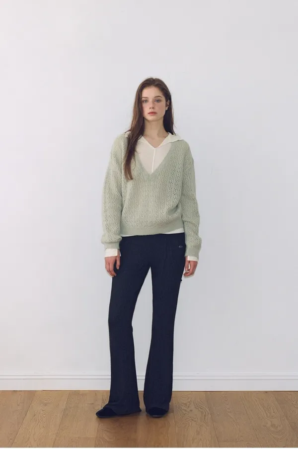 Alpaca Pointelle V-neck Knit, Light Mint