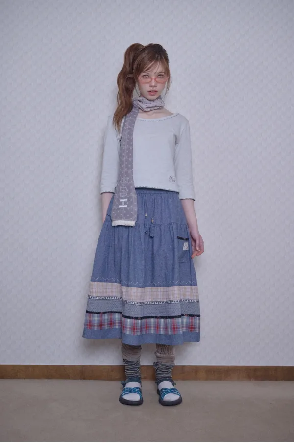 Back ribbon capri sleeve T (Graish Blue)