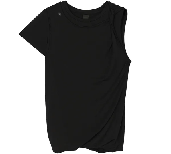Double-Layer Asymmetric Shoulder T-Shirt [ Black ]