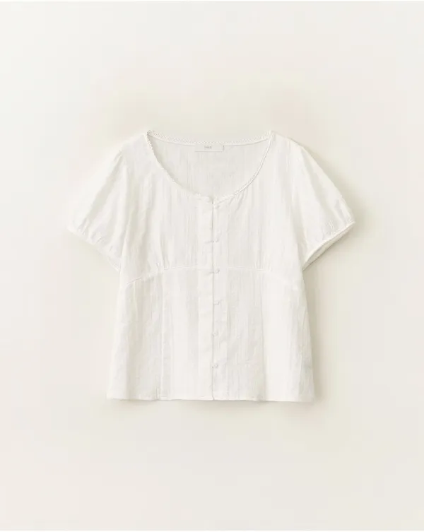 Lace puff sleeve tie-back blouse_Ivory